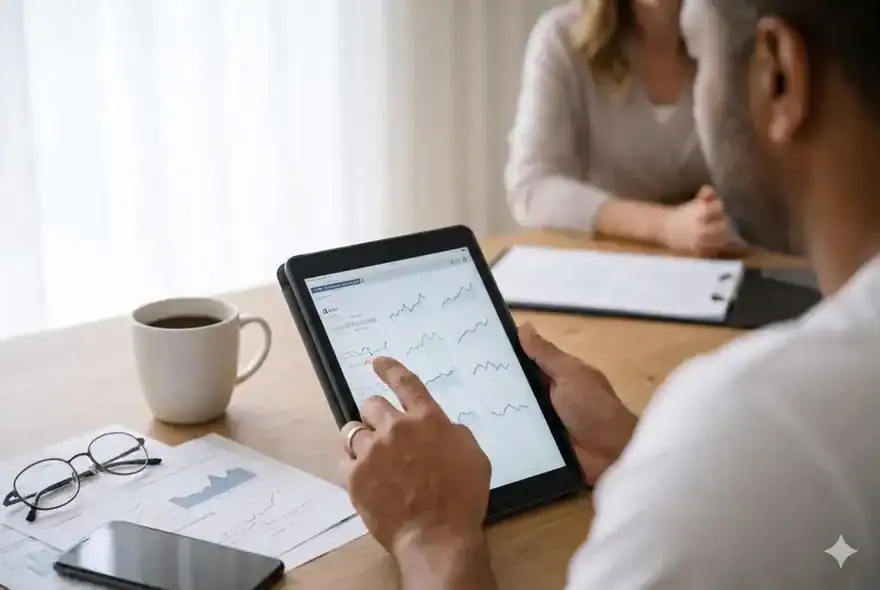 A close-up photograph from an over-the-shoulder perspective, showing a man's hands using a stylus to point at detailed financial line charts displayed on an iPad screen during a meeting discussing finances in a domestic abuse case. Papers with matching graphs, a smartphone, a coffee mug, and a pair of spectacles are arranged on the light wood desk. The heavily blurred, bright background features a person, presumably a solicitor or professional advisor, indicating a consultation setting, typical of a law firm's financial services discussion.