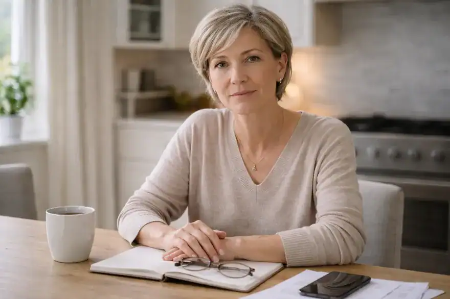 lady having a calm moment in the kitchen